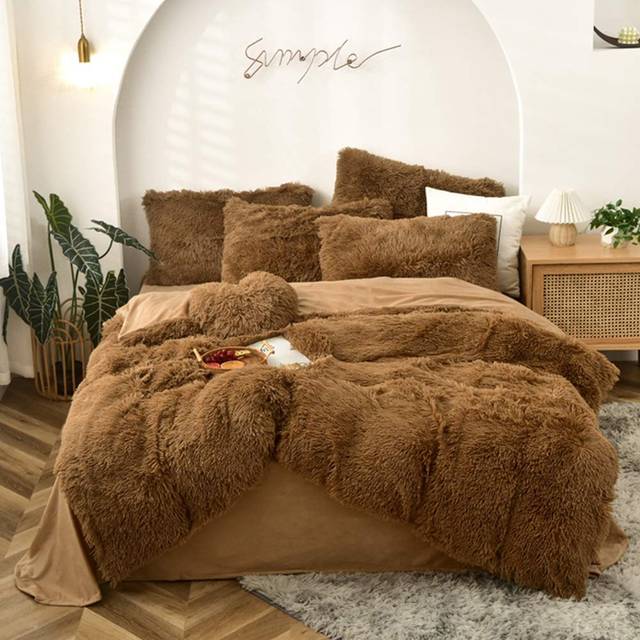 MorroMorn 5 PCS Plush Shaggy Duvet Cover Sets  Luxury Shag Fluffy Comforter Cover Fuzzy Bedding Set - Long Faux Fur Ultra Soft Cozy Brown  Full/Queen
