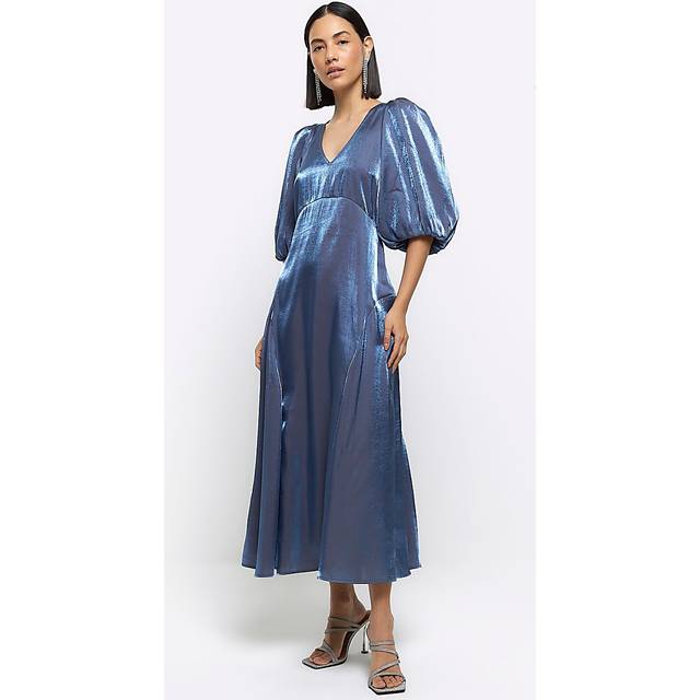 River Island Womens Navy Metallic Puff Sleeve Smock Midi Dress - 12