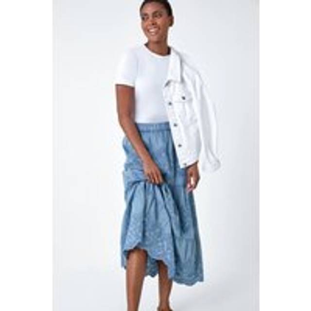 Roman Womens Broderie Elastic Waist A Line Tiered Midi Skirt - Blue Cotton - Size 16 UK