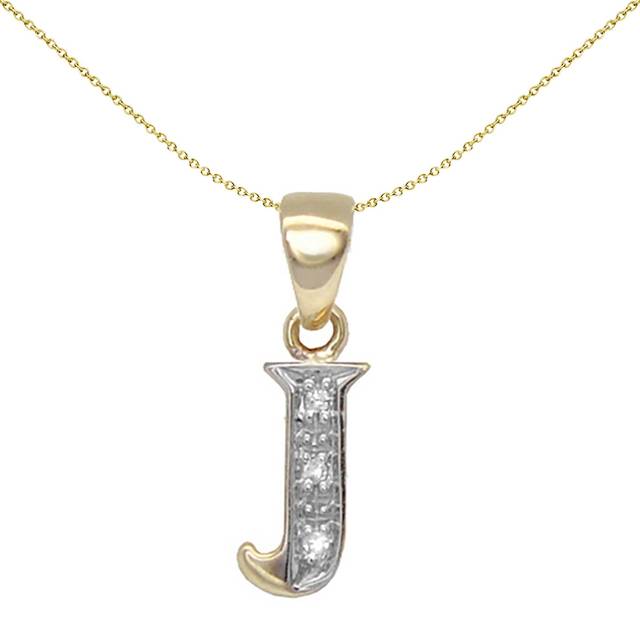 Jewelco London 9ct Yellow Gold Pave Set Round H I2 0.02ct Diamond Identity Dainty Initial ID Charm Pendant Letter J - 9P050-J