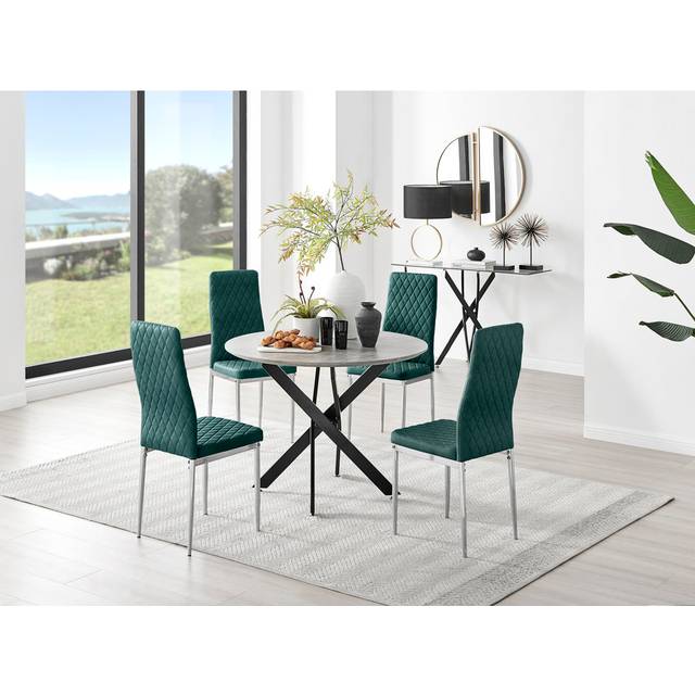 Tierra Modern Chrome Metal & Glass Round Dining Table Set with 4 Quilted Velvet Chairs - Silver (75 x 100 x 100cm)
