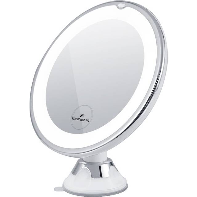 Flat Magnifying Lighted Plastic Framed Freestanding Makeup / Shaving Mirror in Chrome - Silver;Chrome;White (20cm H X 17.5cm W X 7cm D)