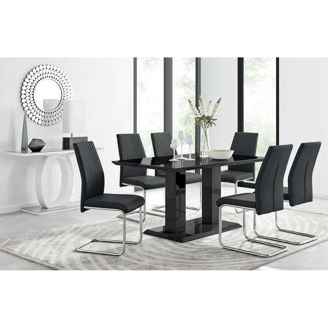 Edzard Double Pedestal High Gloss Dining Table Set with 6 Luxury Faux Leather Dining Chairs - Black (6)