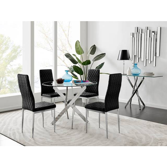 Furniturebox Arona Valera 4 Seater Round Dining Set Black and Chrome