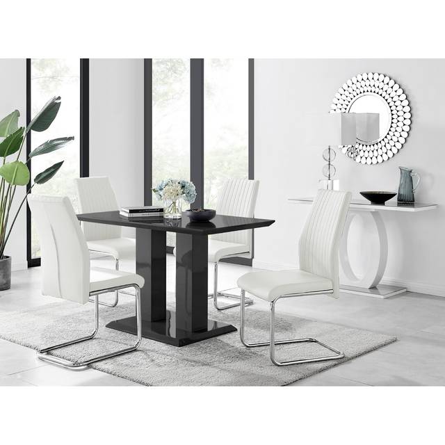Edzard Double Pedestal High Gloss Dining Table Set with 4 Luxury Faux Leather Dining Chairs - White (4)
