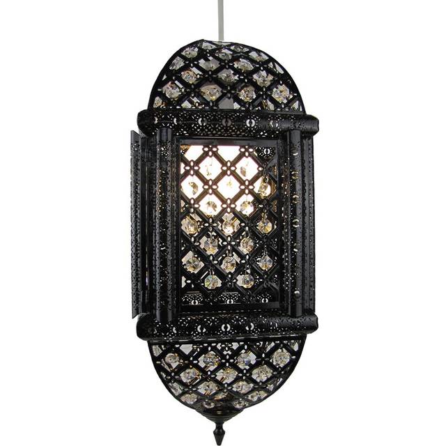 Large Easyfit Moroccan Lantern with Clear Jewels 20cm Metal Novelty Pendant Shade - Black (50cm H X 20cm W X 20cm D)