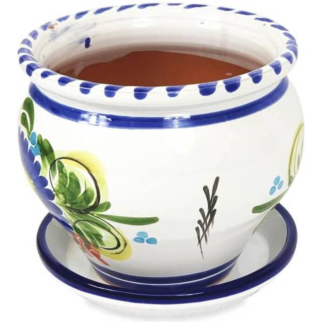 Bola Pot 25x21cm Floral With 27cm Drainage Plate - Blue;White;Green;Yellow;Orange (21cm H X 25cm W X 25cm D)