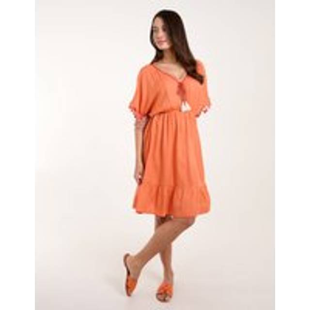 Blue Vanilla Womens Tassel Detail V Neck Dress - Coral - Size Medium