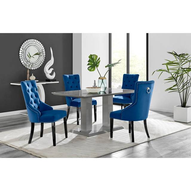 Edzard Double Pedestal High Gloss Dining Table Set with 6 Luxury Velvet Dining Chairs - Blue (6)