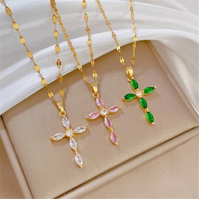 Underbar 3-färg Kubik Zirkonium Koppar Kors Hänge Halsband För kvinnor , Fashionabel Guldfärg Rostfritt Stål Bambu Kedja , Mångsidig Smycken Accessoar - Vitt (40+5 cm)