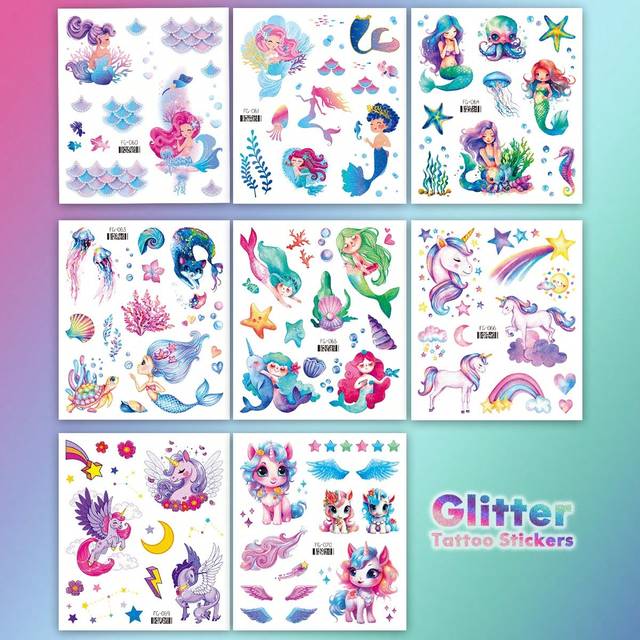 SHEIN 8 Sheets Glitter Mermaid & Unicorn Temporary Tattoo Stickers For Girls Boys, Cartoon Waterproof Unicorn Rainbow Bow Wings Mermaid Fairy Ocean Starfish