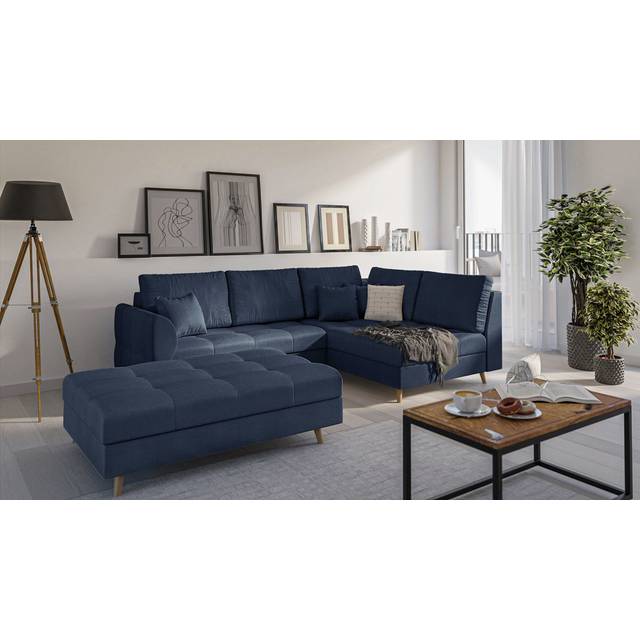 Corner Sofa And Footstool with Wooden Legs In Scandinavian Style Knutsford - Dark Blue (81cm H X 231cm W X 161cm D)