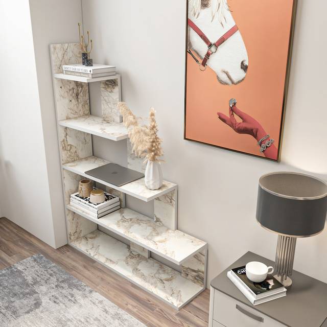 Echo 120cm H x 90cm W Step Bookcase - White Marble Effect (120cm H X 90cm W X 22cm D)