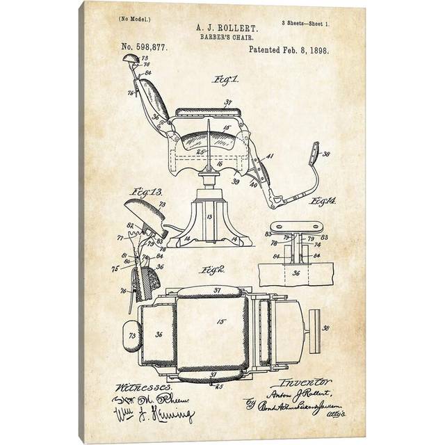 Barber Chair (1898) by Patent77 - Wrapped Canvas Art Prints (45.72cm H x 30.48cm W x 1.91 cm D)