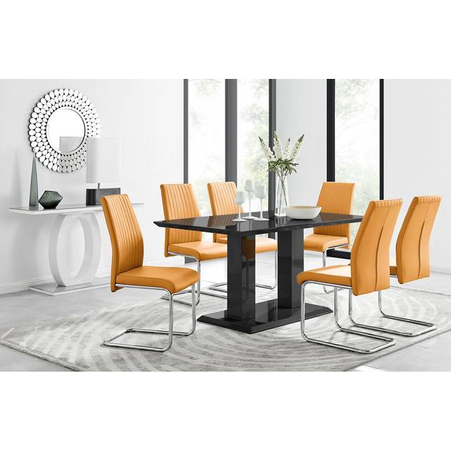 Edzard Double Pedestal High Gloss Dining Table Set with 6 Luxury Faux Leather Dining Chairs - Mustard (6)