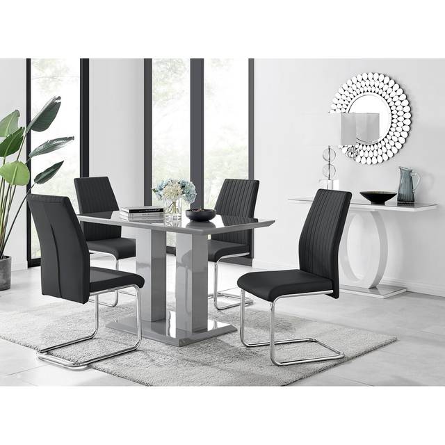 Edzard Double Pedestal High Gloss Dining Table Set with 4 Luxury Faux Leather Dining Chairs - Black (4)