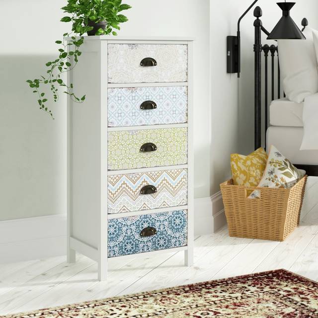 Oona Tallboy 5 Drawer Chest - Blue;White;Yellow (97.5cm H X 46cm W X 34cm D)
