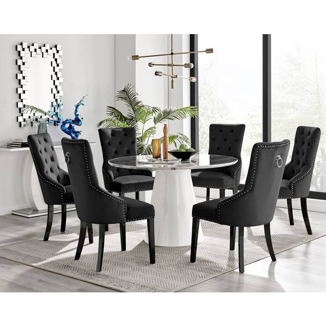 Edward Statement Pedestal Dining Table Set with 6 Luxury Velvet Upholstered Dining Chairs - Black (6)
