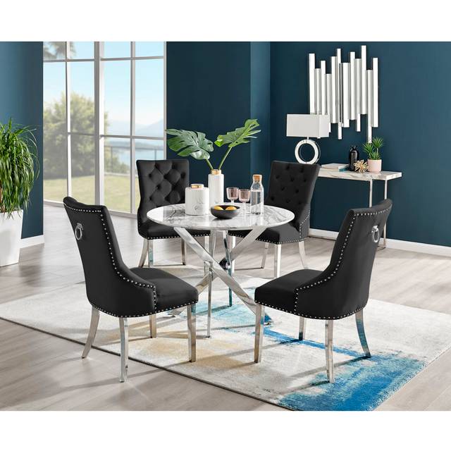 Tierra Modern Chrome Metal & Glass Round Dining Table Set with 4 Luxury Button Velvet Chairs - White Marble Effect (75 x 100 x 100cm)