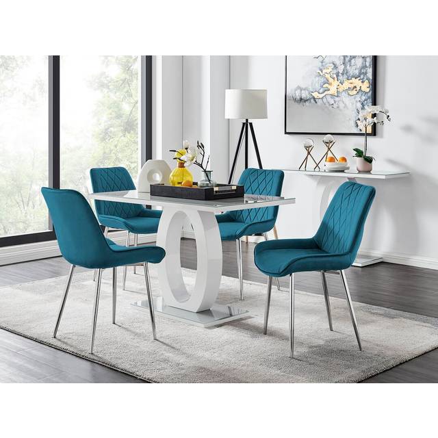 Scottsmoor Modern High Gloss & Glass Dining Set - 4 Luxury Velvet Mid-Century Upholstered Chairs - Silver (4)