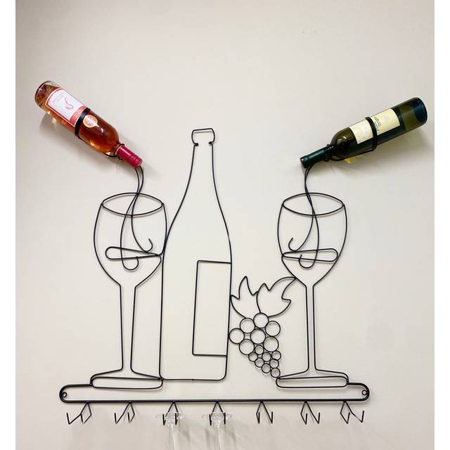 Wall Mounted Black Wire Wine Bottle & Glass Holder (75cm H X 76cm W X 10cm D)