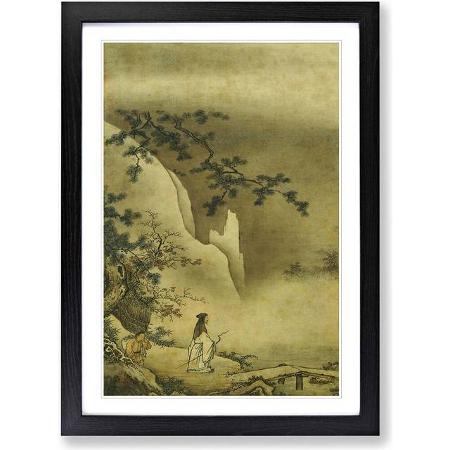 'Landscape Japanese Oriental' by Kano Masanobu Framed Painting Print - Black (45cm H X 62cm W)
