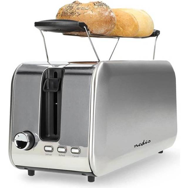 Nedis 2 Slice Toaster with Extra Long Slots, Bun Warming Rack, 7 Browning Settings, Defrost, Reheat and Cancel, 1450W