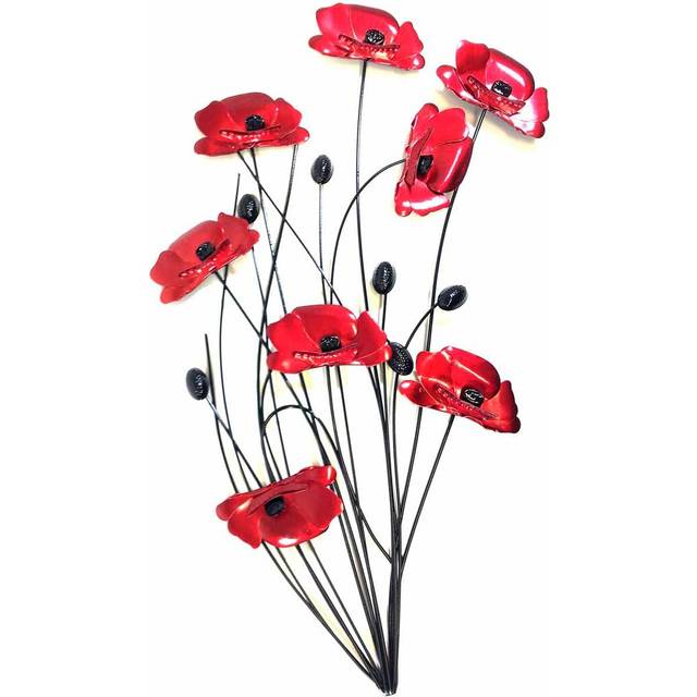New - Contemporary Metal Wall Art Decor Sculpture - Red Poppy Bunch