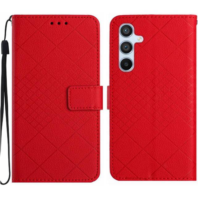(Red) Flip Case For Samsung Galaxy A34 5G Diamond Embossed Wallet PU Leather With Hand Strap Magnetic Cover Card Slot Stand