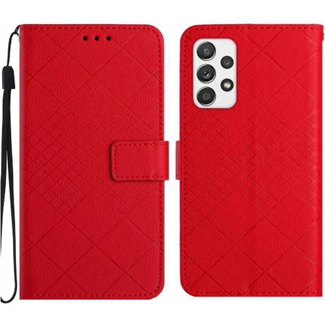 (Red) Flip Case For Samsung Galaxy A33 5G Magnetic Cover Card Slot Stand Wallet PU Leather Diamond Embossed With Hand Strap