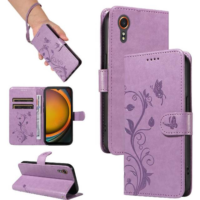 (Purple) Flip Case For Samsung Galaxy X COVER 7 5G And Card Slot Embossed Butterfly High Quality Leather Wallet Phone Case With Hand Strap