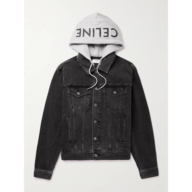 CELINE HOMME - Logo-Print Cotton Jersey-Trimmed Denim Hooded Jacket - Men - Black - L