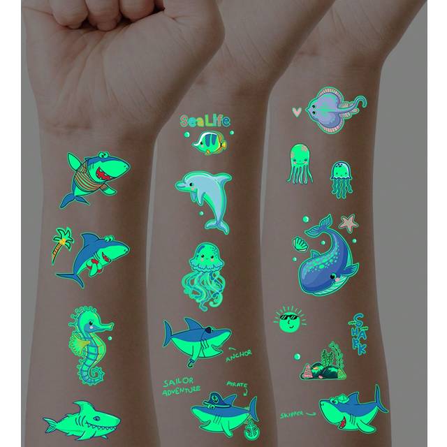 SHEIN 10 Sheets Luminous Tattoo Stickers, With Cute Cartoon Shark, Whale, Dolphin, And Ocean Animal Patterns, Waterproof And Sweatproof Temporary Tattoo Sti