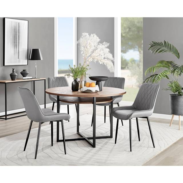 Adler Modern Round Dining Table Set with Shelf & 4 Luxury Velvet Dining Chairs - Black (4)