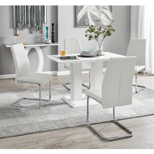 Edzard Double Pedestal High Gloss Dining Table Set with 4 Luxury Faux Leather Dining Chairs - White (4)