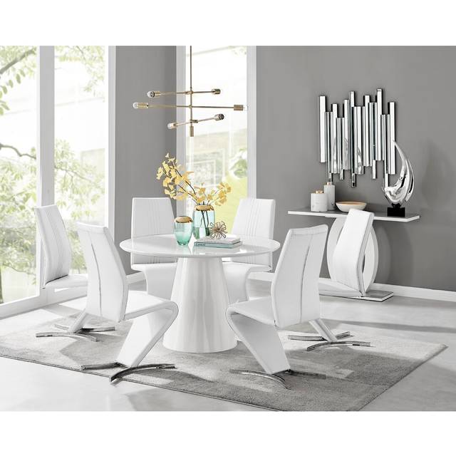 Edzard Statement Pedestal Round Dining Table Set & 6 Luxury Velvet Dining Chairs - White (6)
