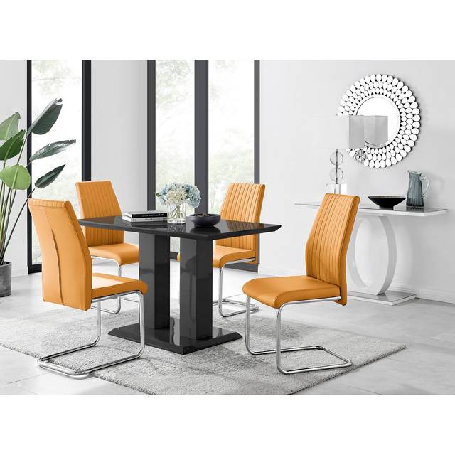 Edzard Double Pedestal High Gloss Dining Table Set with 4 Luxury Faux Leather Dining Chairs - Mustard (4)