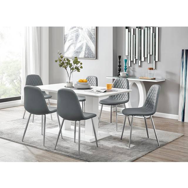 Edzard Double Pedestal High Gloss Dining Table Set with 6 Luxury Faux Leather Dining Chairs - Elephant Grey (6)