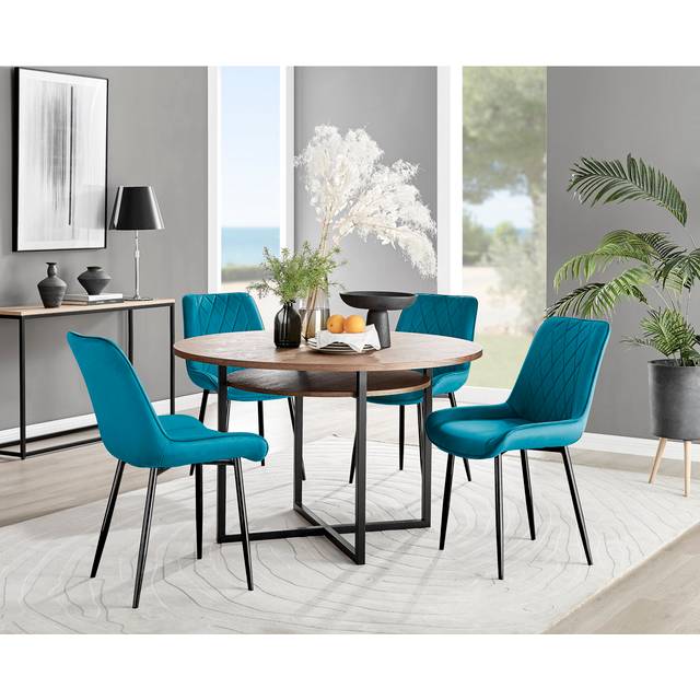Adler Modern Round Dining Table Set with Shelf & 4 Luxury Velvet Dining Chairs - Black (4)