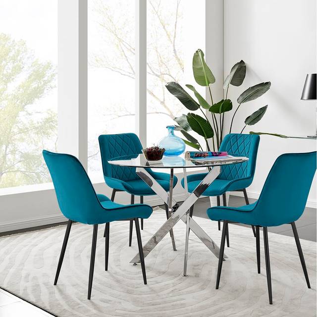 Tierra Modern Metal & Glass Round Dining Table Set with 4 Luxury Velvet Dining Chairs - Black (4)