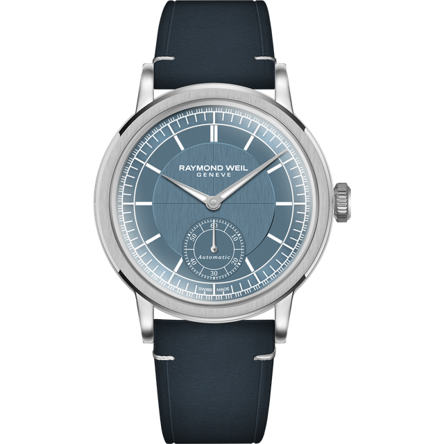 Raymond Weil Men's Millesime 39.5 Seconds Dial Automatic Leather Strap Watch, Silver/Blue