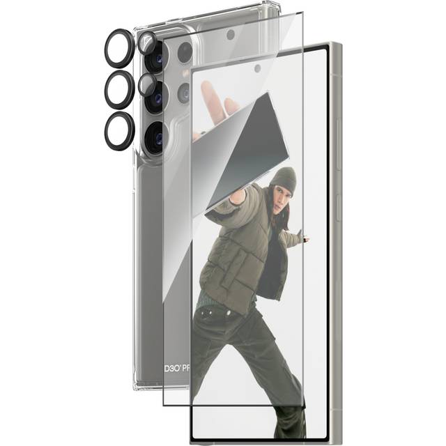 PanzerGlass - 3-i-1 beskyttelsespakke - bagsidecover til mobiltelefon - ultra-bred pasform med EasyAligner - D3O Bio, 100 % genbrugt plastik - med sk