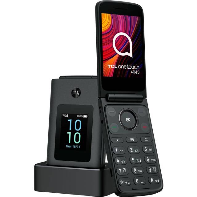 TCL Onetouch 4043 4G Dual SIM-mobiltelefon, laddningsbas och strömförsörjning, dubbel färgskärm, stora knappar, SOS-knapp, lätt att använda, kamera, Bluetooth, hörlursutgång