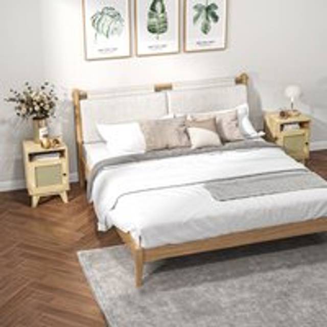 Homcom Nightstand, Rattan Bedside Table, Sofa Side Table W/ Drawer And Shelf In Light Brown - One Size