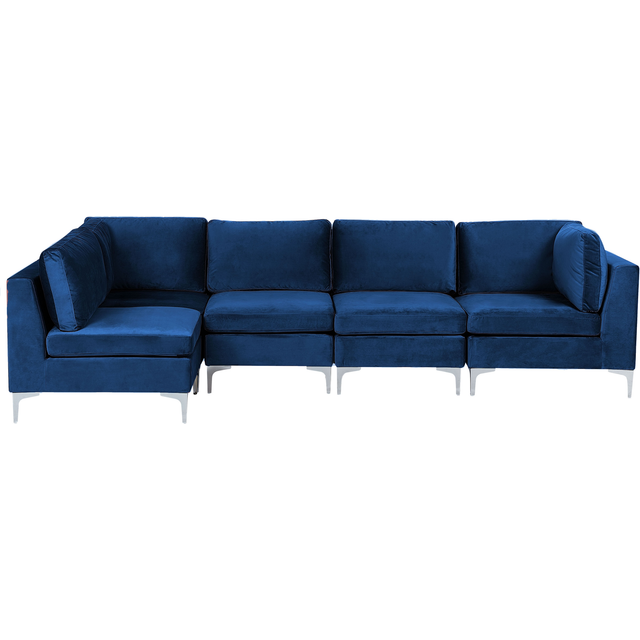 Beliani Right Hand 5 Seater Modular Velvet Corner Sofa Blue Evja, Blue