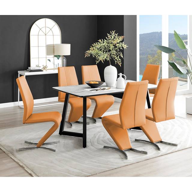 Industrial Design White & Grey Marble Effect Melamine Dining Table Set with 6 Faux Leather Chairs - Silver (6)