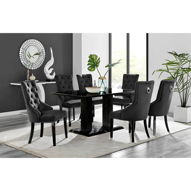 Edzard Double Pedestal High Gloss Dining Table Set with 6 Luxury Velvet Dining Chairs - Black (6)