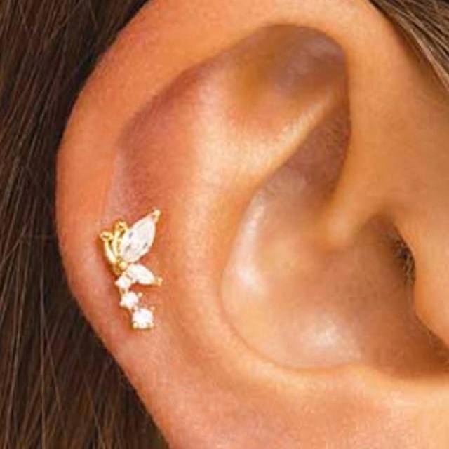 SHEIN 1PC 925 Sterling Silver Shining Cubic Zriconia Hoop Earrings 18K Gold Plated Upper Ear Cartilage Helix Studs For Women Daily Wear Wedding Party Valent