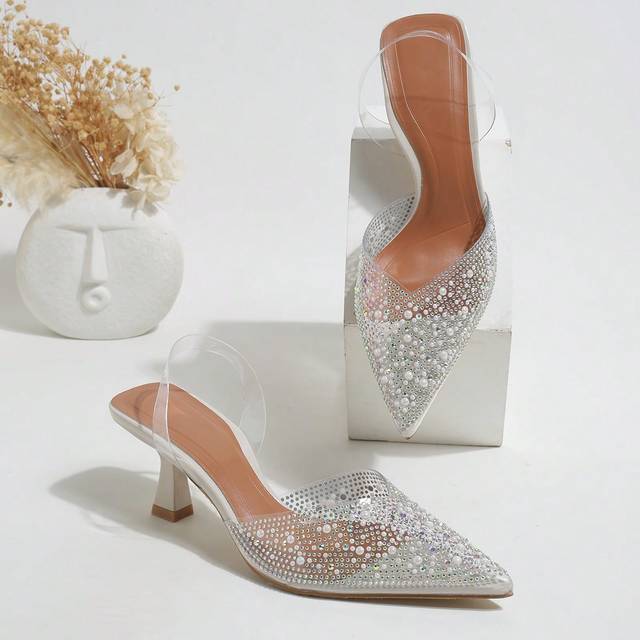 Elegant Kvinnors Fashionabel Silver , PVC Sten Dekorationer Spetsig tå Öppen Rygg Skor - Beige (CN35,CN36,CN37,CN38,CN39,CN40,CN41,CN42,CN43)