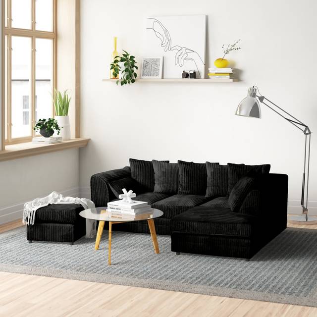 Moana 3 - Piece Upholstered Corner Sofa Chaise with Ottoman - Black (76cm H X 215cm W X 165cm D)